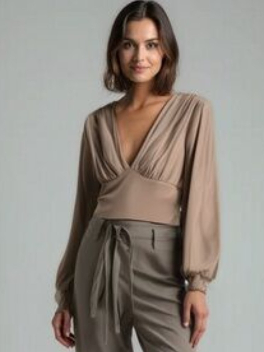 Taupe Surplice Long-Sleeve Blouse